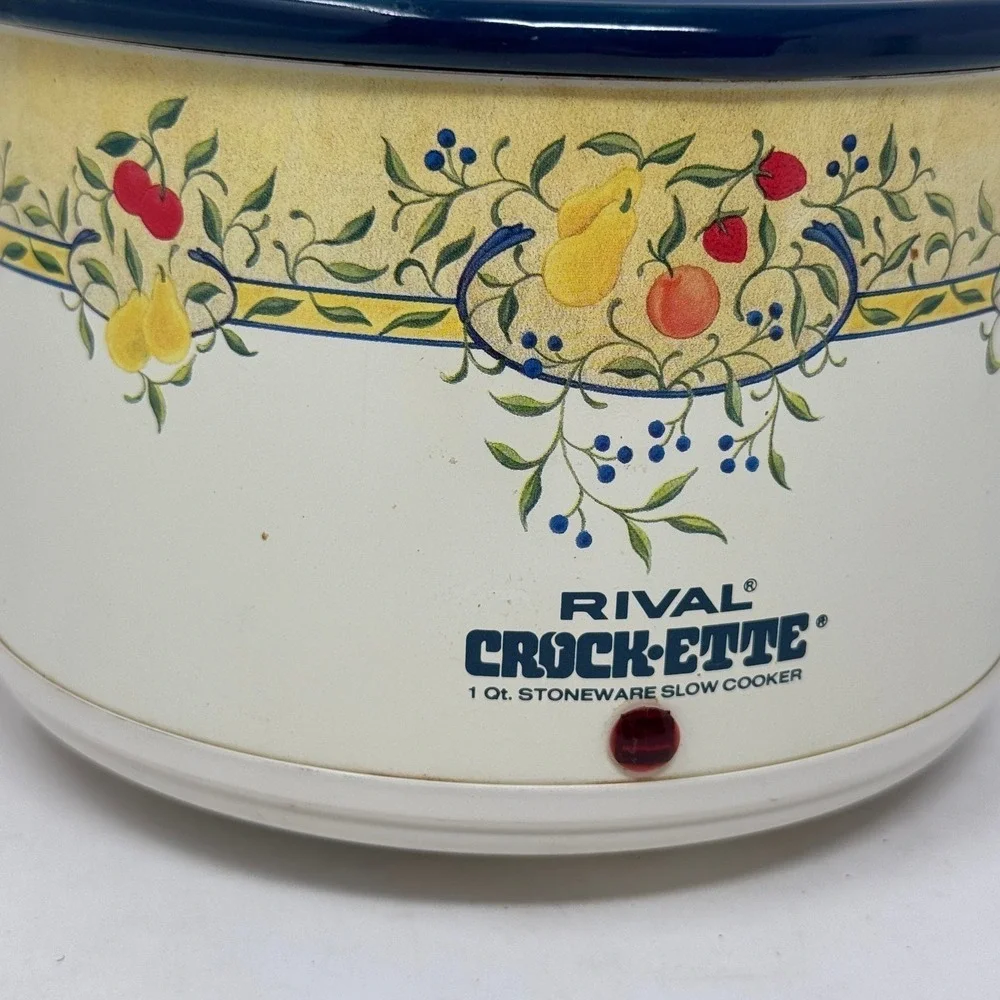 Rival Crock-Ette 1 Qt Stoneware Slow Cooker Fruit Pattern Blue Model Vtg Kitchen